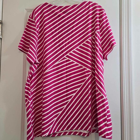 Karen Scott Hot Pink and White Striped T-Shirt with Diagonal Stripes - Picture 2 of 5